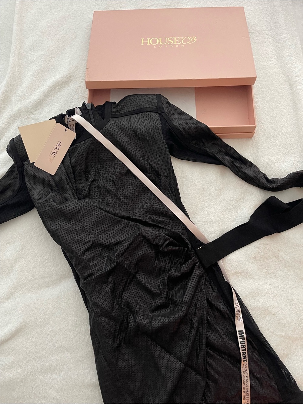 House of CB Black Sheer Wrap Dress with Ribbon Detail